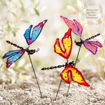 3er Set Farbenfrohe Gartenstecker Libelle Pfeifenputzer ca. 55 cm - Gartendekoration